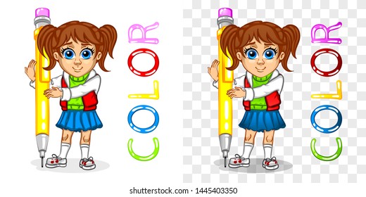 Pretty girl holds pencil in hand. Kid in red jacket, pleated skirt.  Logo for school supplies. Fill on white background, on another gradient. White background transparent in EPS. Vector illustration.