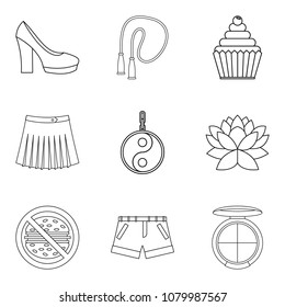 Pretty girl icons set. Outline set of 9 pretty girl vector icons for web isolated on white background