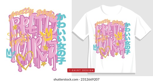 Pretty girl in Japanese, cartoon typography and cute pink drawing. Vector illustration design for fashion graphics, t shirt prints, cards, posters.