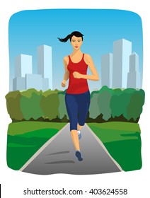 Pretty girl jogging in the park. Vector illustration.