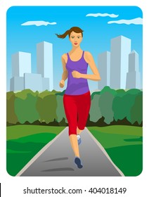 Pretty girl jogging in the park. Vector illustration.