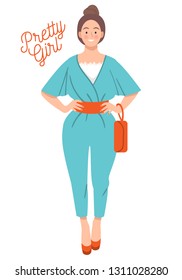 Pretty girl in jumpsuit and high heels. Isolated vector illustration. 