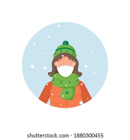 Pretty girl in a knitted hat and scarf, wearing a medical mask. Winter background, snowfall. Personal protective equipment. COVID-19, coronavirus, pandemic. Vector illustration in flat style. Icon
