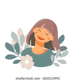 Pretty girl laughing. Joyful positive emotions. Young woman with brown hairs. Vector illustration. Sincere laugh.