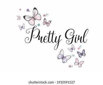 pretty girl lettering with butterfly and flower