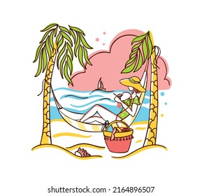 Pretty girl lies in a hammock on an exotic beach and knits a crochet. Summer and relax. Summer knitting. World Wide Knit in Public Day.  Vector illustration.