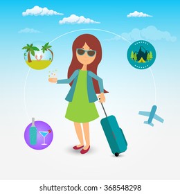 Pretty girl with long brown hair going to the vacation with suitcase and doing selfie. Around her signs of flight, excursion to the mountains, party, beach in flat style.