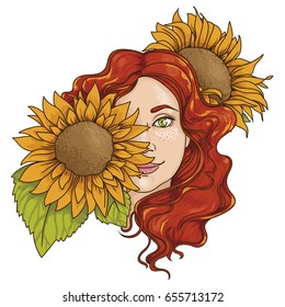 pretty girl with long curly hair and sunflowers, vector illustration