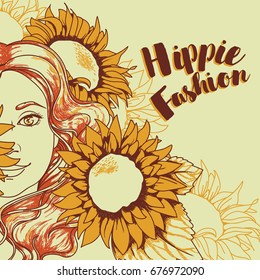 pretty girl with long curly hair and sunflowers, poster for retro beauty, vector illustration