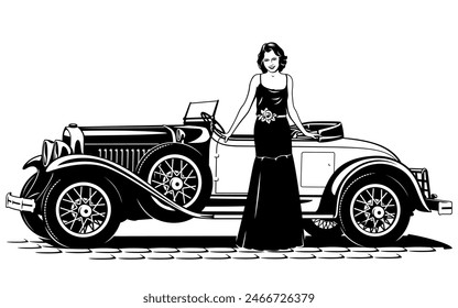 Pretty Girl in Long Dress standing near Vintage Car. Black and white vector illustration isolated on white.