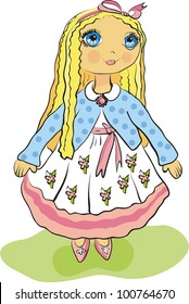 Pretty girl with long golden hair in a beautiful dress and jacket