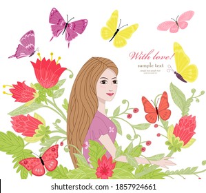 pretty girl with long wavy hair holding fancy flower surrounded flying butterflies in blossom garden