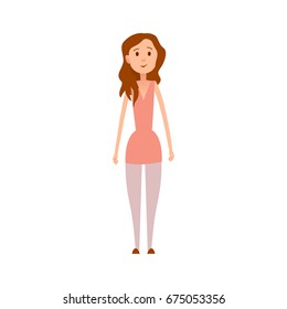 Pretty girl with long wavy hair in peach tunic, pink leggins and brown shoes isolated cartoon vector illustration on white background.
