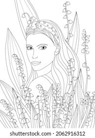 pretty girl looking over her shoulder in flowering garden lilly the valley for your coloring book