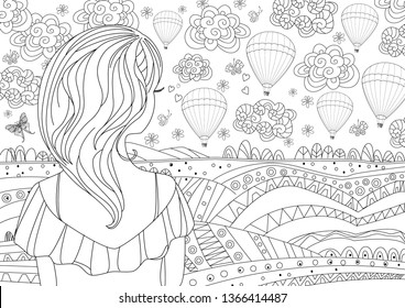 pretty girl looking at rustic landscape. coloring page  