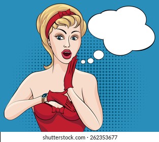 Pretty girl looking at wrist watch drawn in retro comic style.