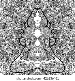 Pretty girl in lotus yoga pose over ornate round mandala pattern. Yoga concept. Decorative design for cover, t-shirt , yoga poster, flyer. Astrology, sacred geometry. Yoga Coloring book for adults