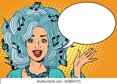 Pretty girl loves music. Young woman music notes instead of hairstyles. Pop art retro vector illustration. creativity and artistry