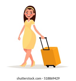 Pretty girl with luggage  in the airport. Vector illustration in cartoon style