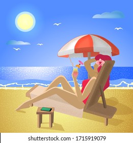  Pretty girl lying on the beach with cocktail  and phone