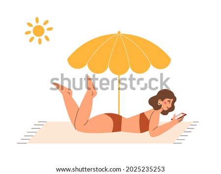 Pretty girl lying on a beach towel with phone. Beautiful Girl enjoying summer vacation and relaxing on the beach. Woman uses the app and writes a message to the chat. Vector flat illustration.