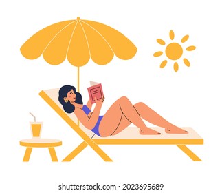 Pretty Girl lying on a deckchair, sunbathing and reading book. Beautiful Girl enjoying summer vacation and relaxing on the beach. Vector flat illustration isolated on white background. 