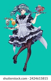 Pretty girl in maid cafe dress with trays color vector character. Anime woman carries desserts and drinks on green background. Japanese culture