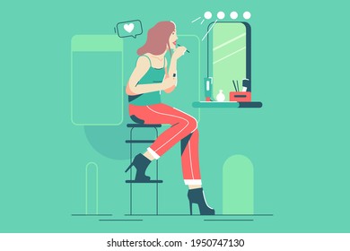 Pretty girl make herself up vector illustration. Woman making make up in front of mirror applying product with brush flat style. Beauty, date night, makeup concept. Isolated on green background