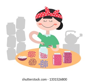 Pretty Girl Making Jam At Home. Vector Illustration.