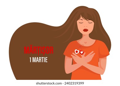 A pretty girl with a martisor, a red and white symbol of spring. Traditional spring holiday in Romania and Moldova. Postcard, banner, vector