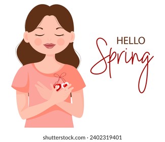 A pretty girl with a martisor, a red and white symbol of spring. Traditional spring holiday in Romania and Moldova. Postcard, banner, vector