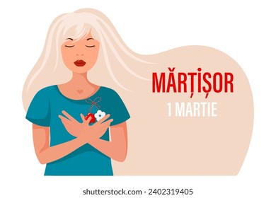 A pretty girl with a martisor, a red and white symbol of spring. Traditional spring holiday in Romania and Moldova. Postcard, banner, vector