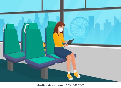 Pretty girl in medical face mask goes by bus quarantine time cartoon vector illustration. Young self care female in empty public transport salon using tablet. Coronavirus covid 19 air pollution time.