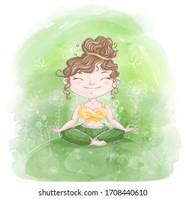 Pretty girl meditates in lotus asana on nature. The calm atmosphere of the forest. Hand drawing sketch flowers on a green watercolor background.