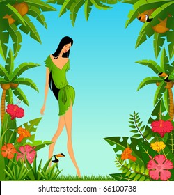 Pretty girl on island with tropical palms. Vector