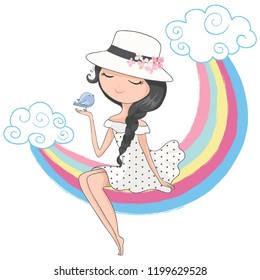 Pretty girl on rainbow with little bird vector illustration for kids, fashion artworks, prints, children books.