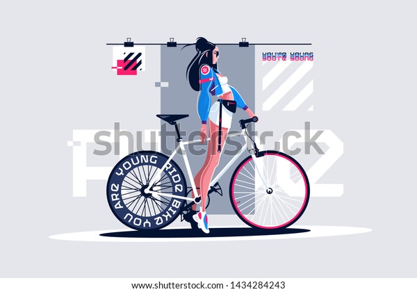 ロードバイクのベクターイラスト に美しい女の子 プロの自転車を持つ豪華な女性がトレンディーな服と黒いサングラスを身にまとっている ホイールフラットスタイルのコンセプトの銘文 のベクター画像素材 ロイヤリティ フリー