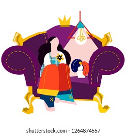 Pretty girl on sofa. Vector flat cartoon illustration