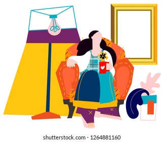 Pretty girl on sofa. Vector flat cartoon illustration