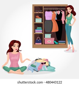 Pretty girl organize her wardrobe