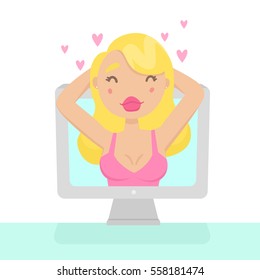 Pretty girl out of computer. Virtual reality. Vector hand drawn illustration.