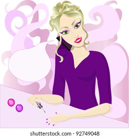 Pretty girl is painting her nails and speaking on the phone