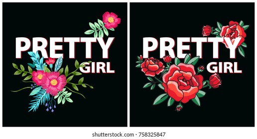 Pretty girl patterns with flower bouquets painted by art brushes vector greeting card design isolated on black background. Red and pink pencil blossoms