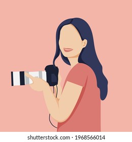 Pretty girl photographer holding a camera in her hand. Vector illustration. Aspiring female photographer