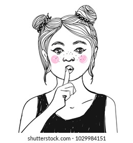 Pretty girl with pink cheeks and freckles making Shh sign and asking for silence with the finger on her lips. Vector character fashion illustration.