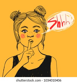 Pretty girl with pink cheeks and freckles making Shhh sign and text bubble, asking for silence with the finger on her lips. Vector character fashion illustration.