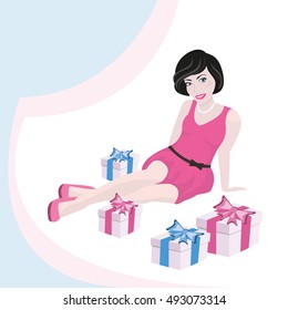 Pretty girl in pink dress sitting on floor next to gift boxes. Vector illustration