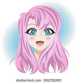 Pretty girl with pink hair and blue eyes. Joyful cartoon character, anime. Vector illustration in manga style isolated on white background.