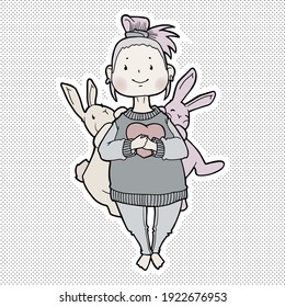 Pretty girl with pink hair. Rabbits hugging a girl. A cartoon character holding a heart in his hands. Vector illustration for valentine's day, easter, mother's day. 