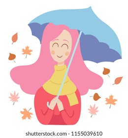 pretty girl with pink hair in scarf holding umbrella and smiling. Autumn concept illustration